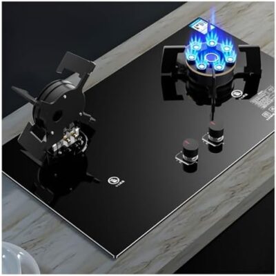 2-Burner Gas Stove with Flip-Top Design, 7.2KW High Fire, Black Tempered Glass, Cast Iron Grate, Home Kitchen Use, Flameout Protection, Natural Gas (NG)