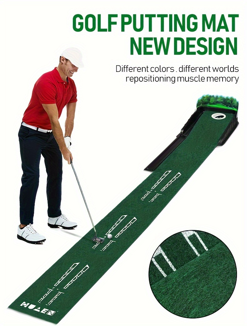 HUAEN GOLF ACCELERATOR PRO - Indoor Golf Putting Mat with Auto-Ball Return & Behind-the-Hole Ball Collector - Putter Alignment Guides at 3, 5 & 7 Feet, Multidistance Practice, Smooth Surface, Practice Enthusiasts