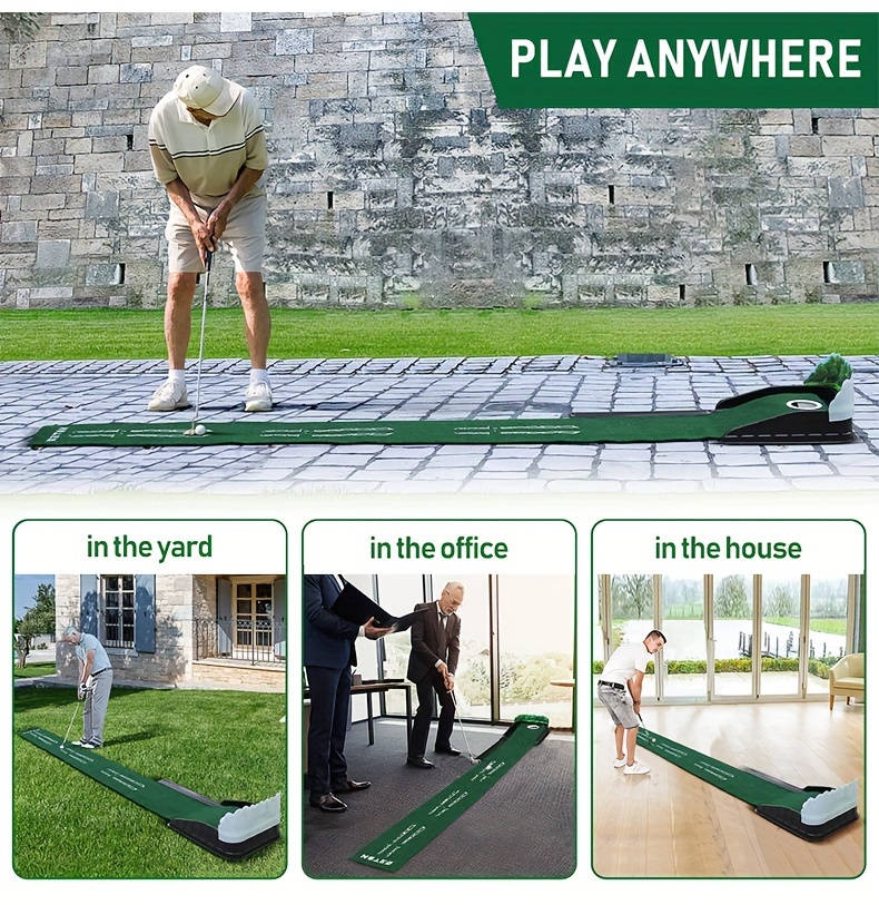 HUAEN GOLF ACCELERATOR PRO - Indoor Golf Putting Mat with Auto-Ball Return & Behind-the-Hole Ball Collector - Putter Alignment Guides at 3, 5 & 7 Feet, Multidistance Practice, Smooth Surface, Practice Enthusiasts