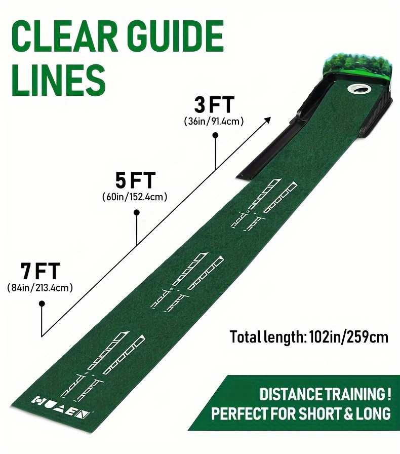 HUAEN GOLF ACCELERATOR PRO - Indoor Golf Putting Mat with Auto-Ball Return & Behind-the-Hole Ball Collector - Putter Alignment Guides at 3, 5 & 7 Feet, Multidistance Practice, Smooth Surface, Practice Enthusiasts