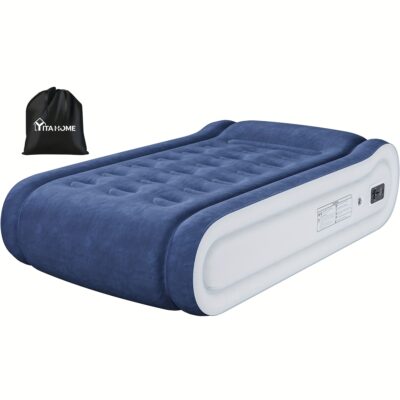 TwinXL Air Mattress With Built In Pump, 17'' High Raised Comfort Inflatable Mattress, Portable Blow Up Bed, Foldable Air Bed, Sleep Pad, Non Slip Bottom, For Home, Guest Room, Camping, Hiking, Travel, Outdoor, Indoor, Blue&White, PVC, Load 800LBS