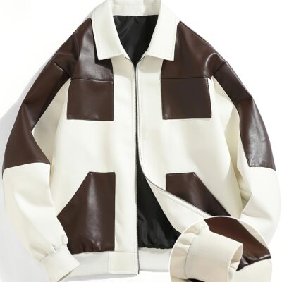 1pc Men's & Women's Casual Jacket - Brown & Color Block Design, Zipper Front Closure, All-Season Polyester Coat for Couples, Outdoor, Parties, Everyday - Machine Washable Outerwear, Outdoor Apparel, Easy Care Fabric, Party Outfit, Trendy Outerwear, Durable Material, Versatile Apparel, Couples Wear