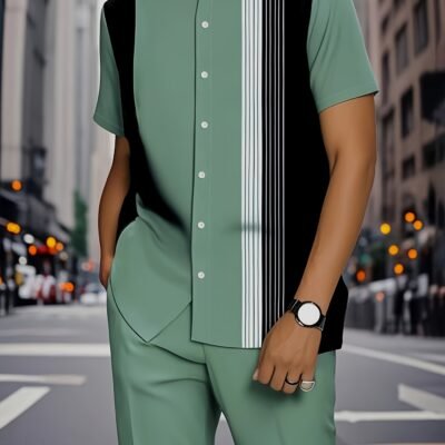 European and American Men’s fashion stripe pattern print design button- short-sleeved shirt top and casual trousers matching suit, fashionable street street, seaside casual vacation short-sleeved shirt set
