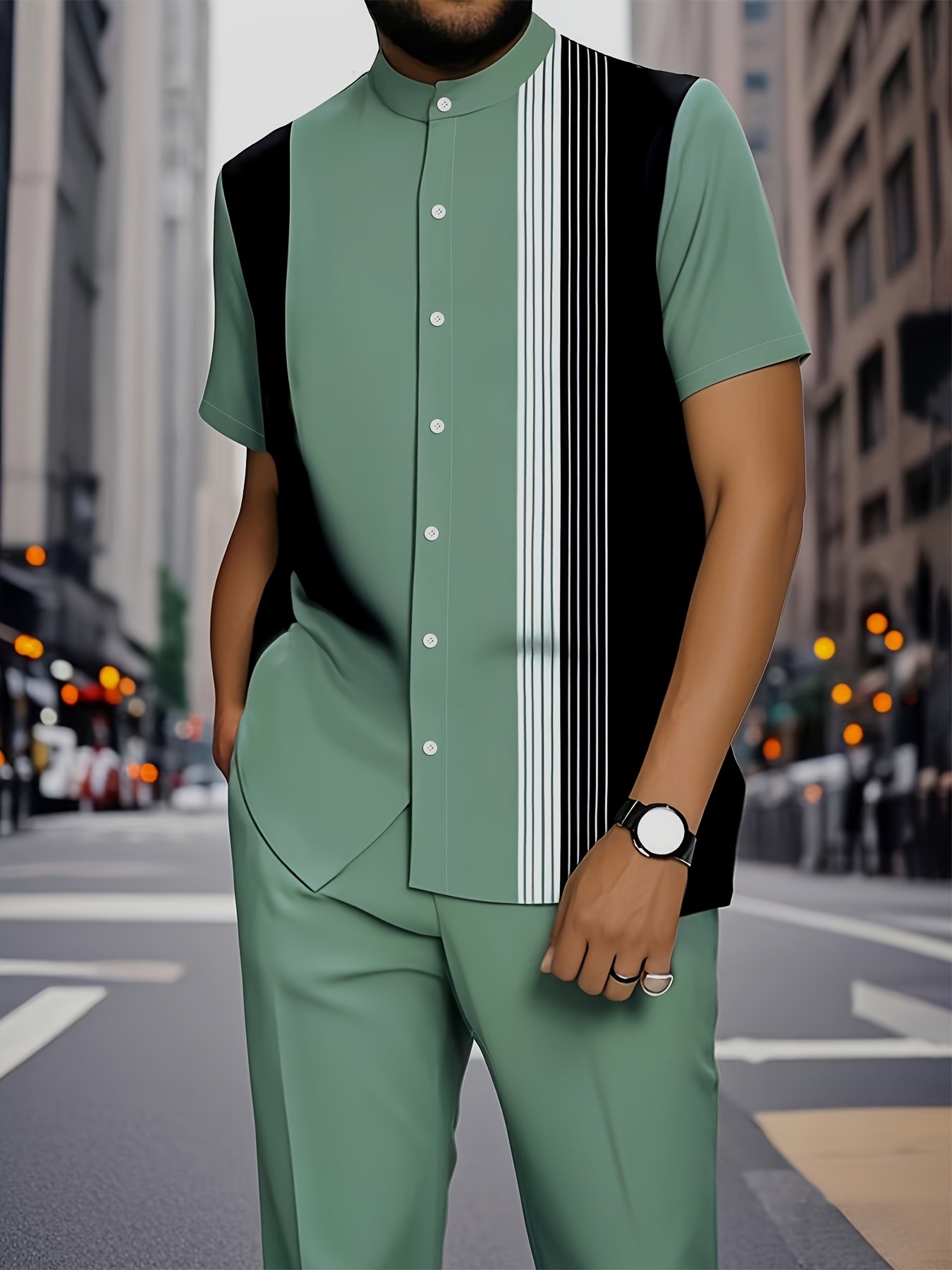 European and American Men's fashion stripe pattern print design button- short-sleeved shirt top and casual trousers matching suit, fashionable street street, seaside casual vacation short-sleeved shirt set