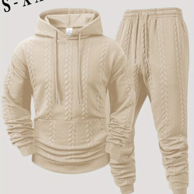 Men'S Autumn and Winter Casual Knit Sweater with Pockets Hoodie and Joggers Set, Fashionable 2pcs Outfit for Daily Wear, Hiking, Fitness, Travel, Outdoor Sports