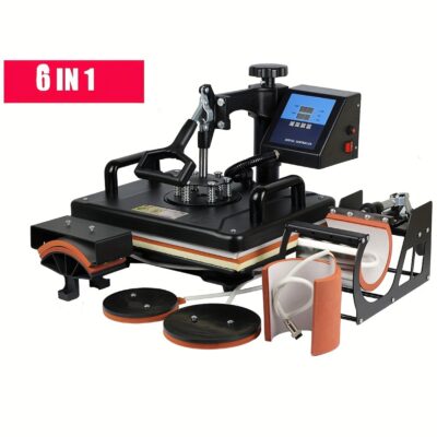 6-in-1 Heat Press Machine Combo for T-Shirts, Mugs, and Caps - 2D Sublimation Printer with Interchangeable Platens, Removable Silicone Pad, and Digital Temperature Control - Black Alloy Construction - 11.81x14.96inch Work Area