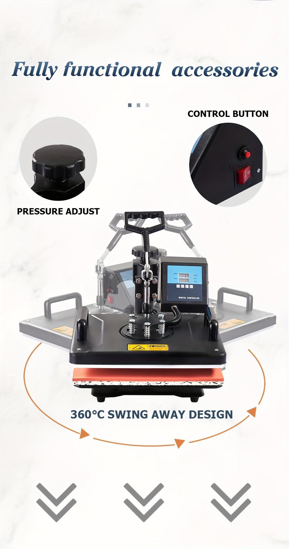 6-in-1 Heat Press Machine Combo for T-Shirts, Mugs, and Caps - 2D Sublimation Printer with Interchangeable Platens, Removable Silicone Pad, and Digital Temperature Control - Black Alloy Construction - 11.81x14.96inch Work Area