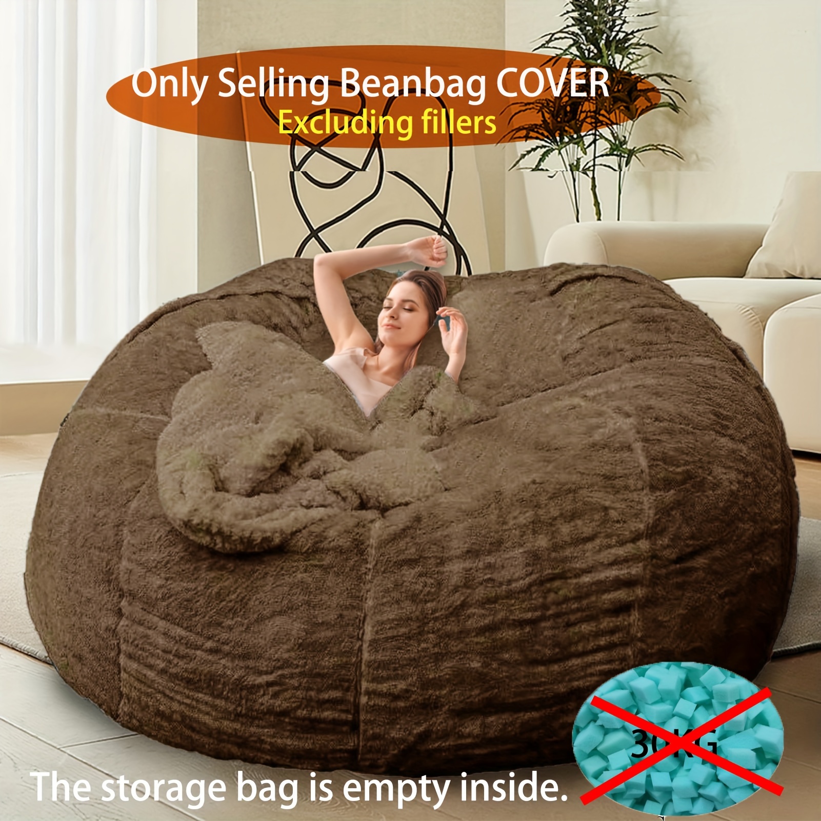 6ft Machine Washable Soft & Fluffy Faux Fur Bean Bag Chair Cover - Grey & Blue, No Fill Included, Versatile for Living Room Decor