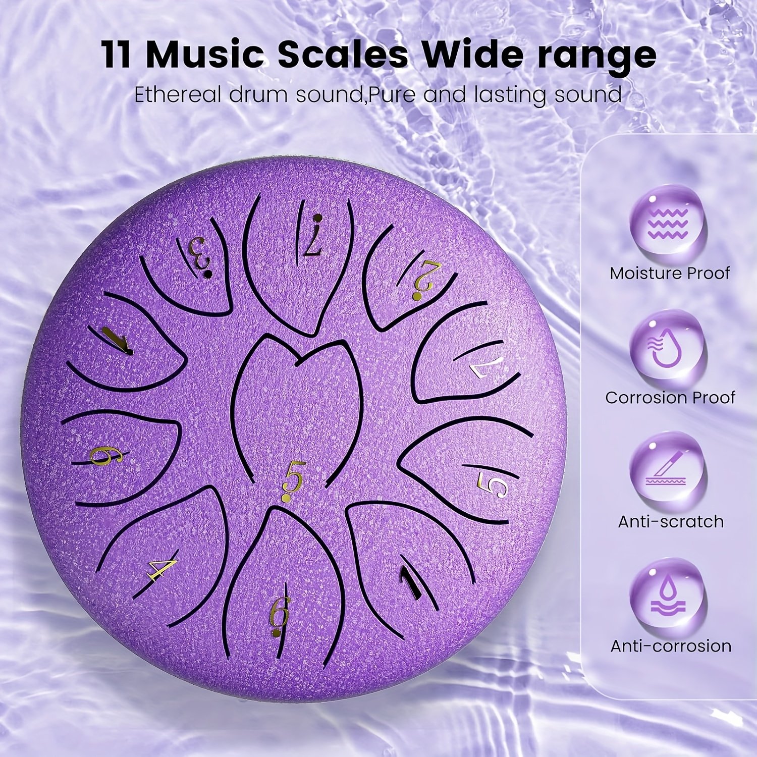 6-Inch (5.98inch) 11-Note Steel Tongue Chakra Drum with Bag, Musical Instrument for Adults, Includes Drum Mallets & Music Book, Outdoor Garden Rain Chime, Outdoor Garden Rain Ch