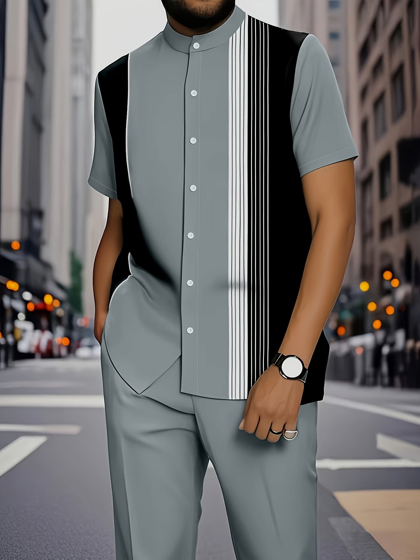 European and American Men's fashion stripe pattern print design button- short-sleeved shirt top and casual trousers matching suit, fashionable street street, seaside casual vacation short-sleeved shirt set - Image 2