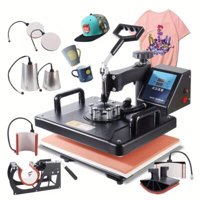 Professional Grade 8-in-1 Heat Press Machine Combo - Durable Thermal Press for T-Shirts, Mugs, and Caps with 2D Sublimation Printer, Interchangeable Pads, Adjustable Settings, Black, Accessory Customization | Heat Press Transfer Designs
