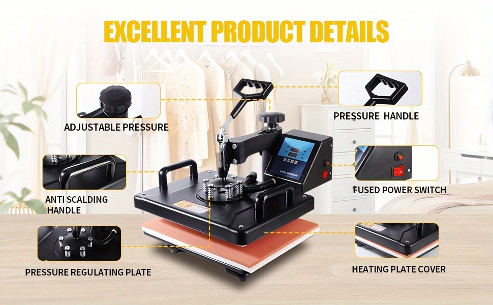 Professional Grade 8-in-1 Heat Press Machine Combo - Durable Thermal Press for T-Shirts, Mugs, and Caps with 2D Sublimation Printer, Interchangeable Pads, Adjustable Settings, Black, Accessory Customization | Heat Press Transfer Designs