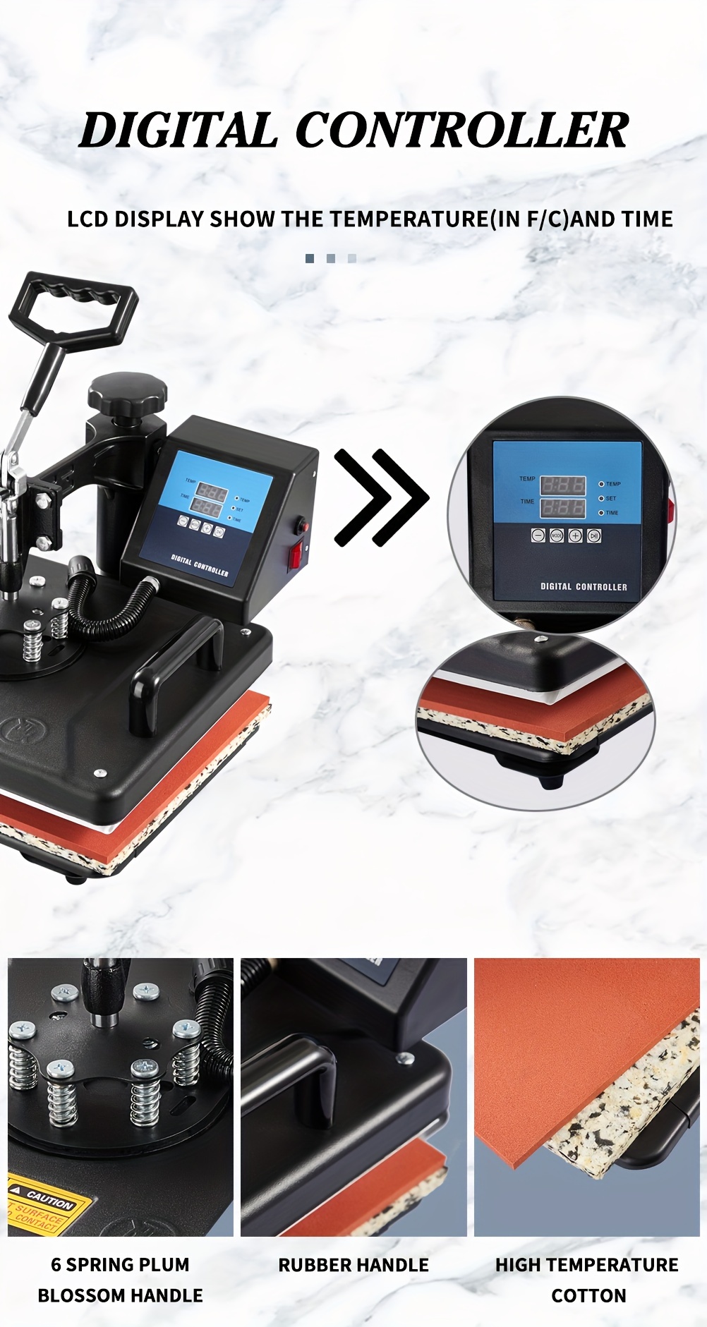 6-in-1 Heat Press Machine Combo for T-Shirts, Mugs, and Caps - 2D Sublimation Printer with Interchangeable Platens, Removable Silicone Pad, and Digital Temperature Control - Black Alloy Construction - 11.81x14.96inch Work Area