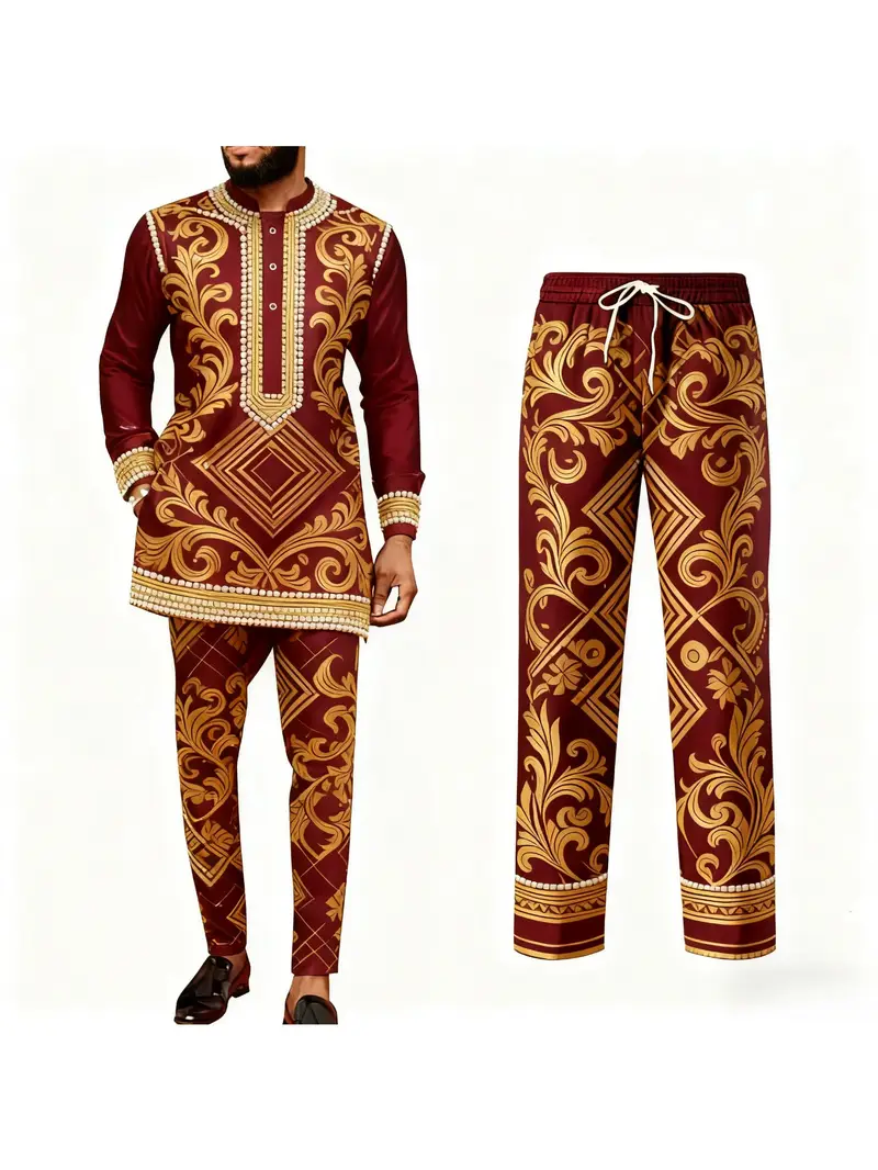 2pcs Men'S Elegant Wine Red & Golden Traditional African-Inspired Suit Set - Long Sleeve Lapland Collar Jacket & Matching Pants with Pockets, All-Season Formal & Semi-Formal Outfit for Weddings, Cultural Events, Holidays - Image 2