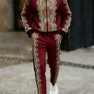 2pcs Men’s European & American Retro American-Inspired Tribal Print Suit Set – All-Season Matching Jacket & Pants with Collar & Zipper Closure, Ideal for Themed Parties, Weddings, Pow-Wows (Casual Formal Attire)