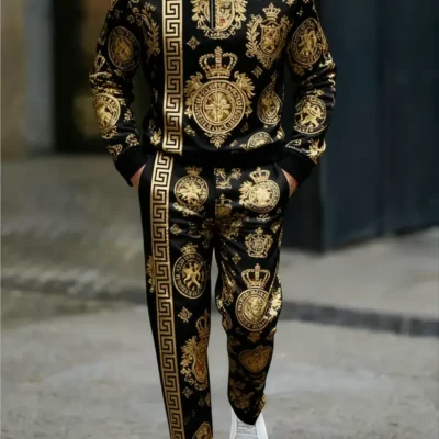 2pcs Men’s Luxury Greek Key & Golden Emblem Suit Set – Black & Golden Half-Zip Jacket & Pants, All-Season Machine Washable Stand Collar Trousers for Party, Wedding, Business – Blue Accent Compatible