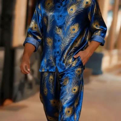 2pcs Set Men’S High-End Collared Button-Up Shirt & Casual Pants Set – Peacock Print in Golden, & | Durable Non-Stretch Fabric, All-Season Versatile Formal & Casual Outfits for Daily Wear, Sports, Gatherings | Classic Business Casual to Semi-Formal Attire