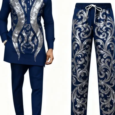 2pcs set of European and American Men’s navy blue Silvery patterned long sleeved pants, suitable for various occasions such as holiday celebrations, business socializing, leisure gatherings, etc., it is an ideal choice for holiday gift giving