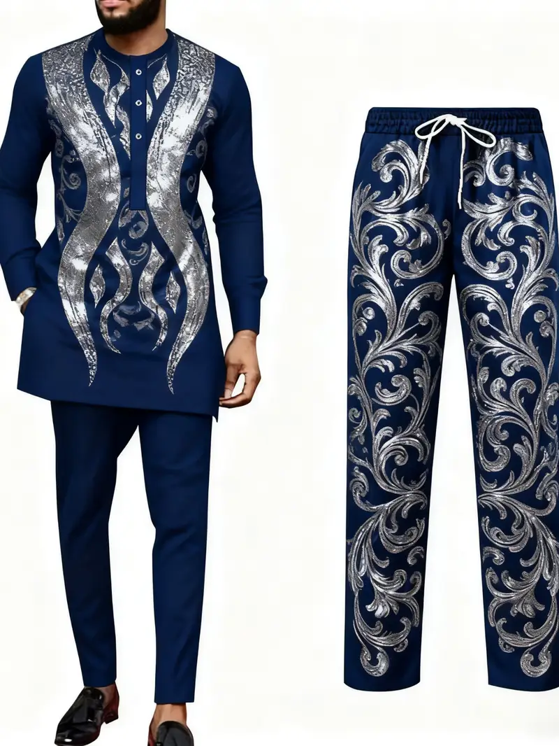 2pcs set of European and American Men's navy blue Silvery patterned long sleeved pants, suitable for various occasions such as holiday celebrations, business socializing, leisure gatherings, etc., it is an ideal choice for holiday gift giving