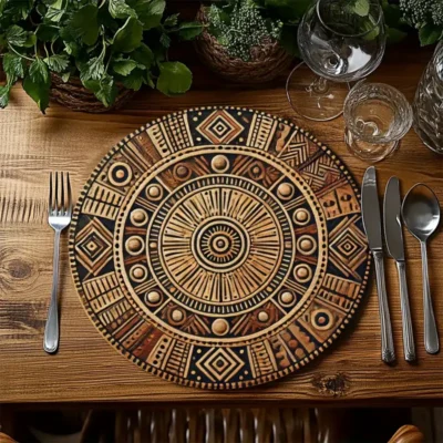 4pcs African Mud Cloth Round Placemats – 15-Inch Handmade Table Mats with Earthy Tones and Traditional Geometric Patterns, Perfect for Kitchen, Dining Room, and Party Decor, Textured Tableware