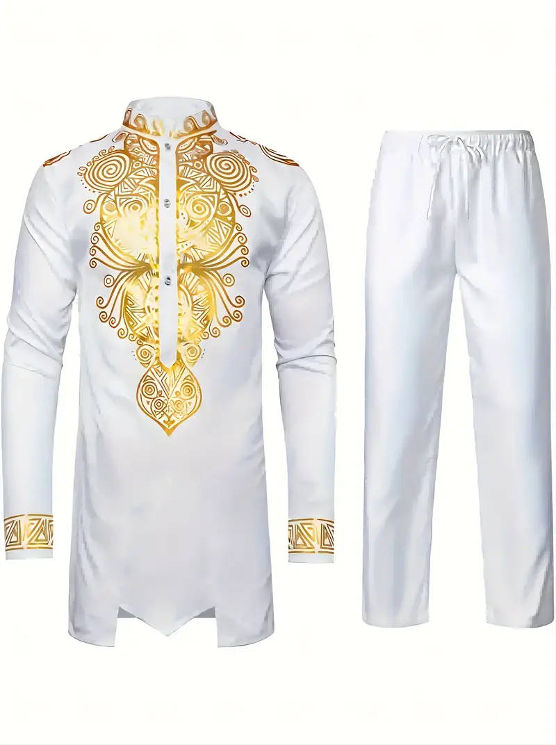 Ethnic-Inspired White Long-Sleeve Shirt with Golden Geometric Pattern – Casual, Non-Stretch Fabric, All-Season Wear, Regular Fit, Button-Up, Casual Attire|Geometric Pattern Shirt|Decorative Buttons Add your review MarketplaceMen