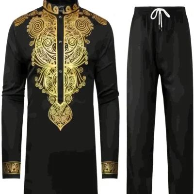 Ethnic-Inspired Black Long-Sleeve Shirt with Golden Geometric Pattern – Casual, Non-Stretch Fabric, All-Season Wear, Regular Fit, Button-Up, Casual Attire|Geometric Pattern Shirt|Decorative Buttons