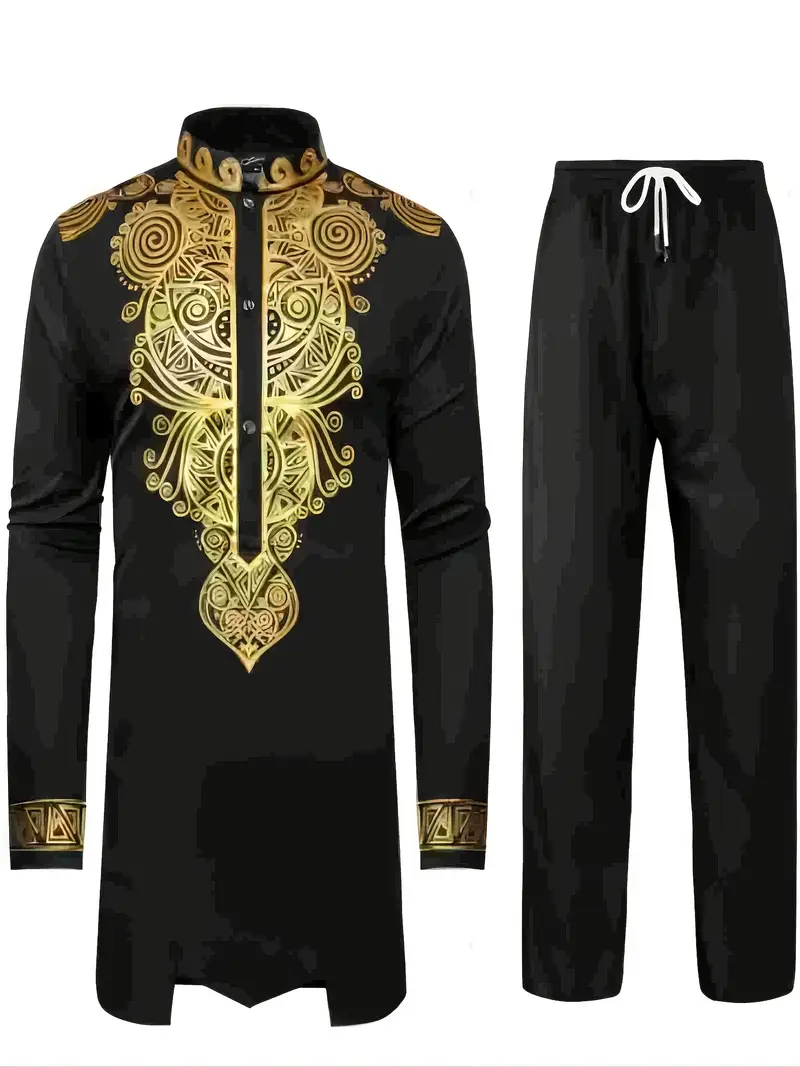 Ethnic-Inspired Black Long-Sleeve Shirt with Golden Geometric Pattern - Casual, Non-Stretch Fabric, All-Season Wear, Regular Fit, Button-Up, Casual Attire|Geometric Pattern Shirt|Decorative Buttons