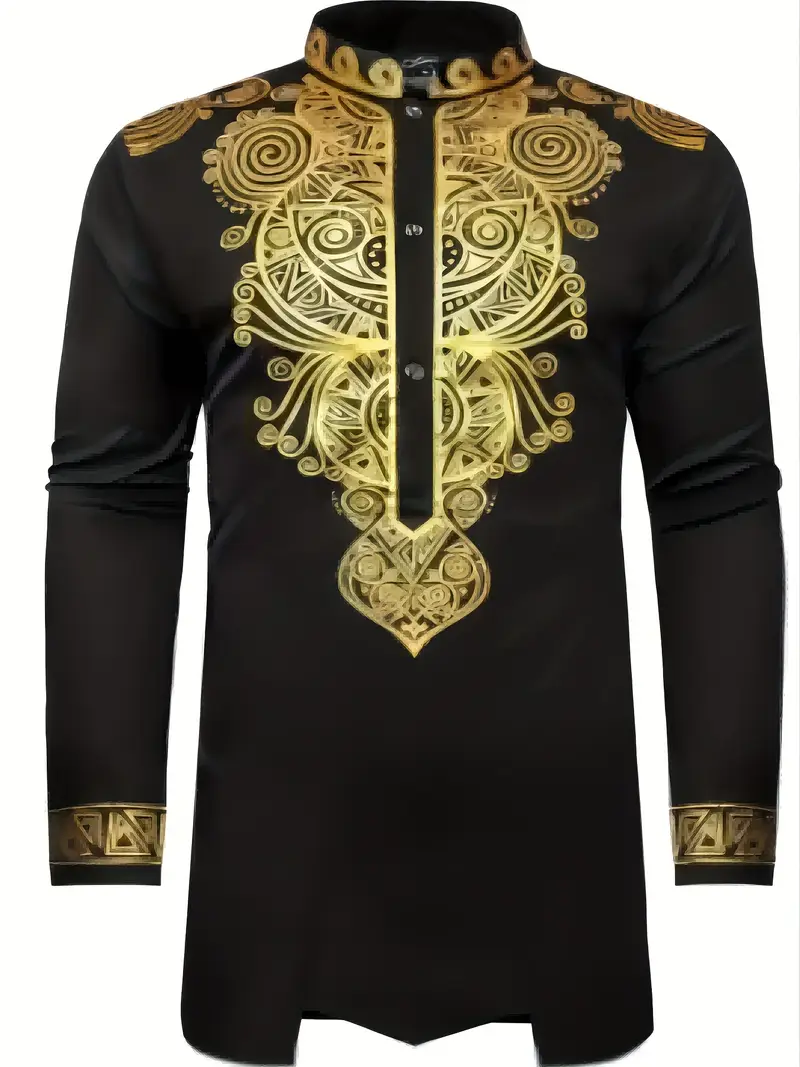 Ethnic-Inspired Black Long-Sleeve Shirt with Golden Geometric Pattern - Casual, Non-Stretch Fabric, All-Season Wear, Regular Fit, Button-Up, Casual Attire|Geometric Pattern Shirt|Decorative Buttons - Image 3