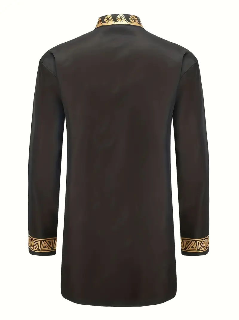 Ethnic-Inspired Black Long-Sleeve Shirt with Golden Geometric Pattern - Casual, Non-Stretch Fabric, All-Season Wear, Regular Fit, Button-Up, Casual Attire|Geometric Pattern Shirt|Decorative Buttons - Image 2