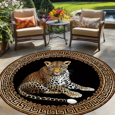 HKStorage 1pc Large Greek Key & Leopard Print Round Mat – /Black/White Greek Key Border with Leopard Spot Center, Plush for Living Room, Bedroom, Office, Entryway – Luxury (Hand Washable, Durable)