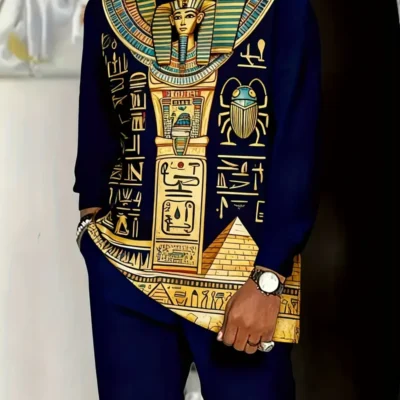 Men’S 2pcs Egyptian-Inspired Arabic Print Traditional Outfit Set – Heavyweight 2pcs Suit with Round Neck Shirt & Matching Pants, Golden Accent Cultural Clothing for Formal Events, Casual Attire & Gifts | Autumn/Winter Warmth, Comfortable Casual Fit