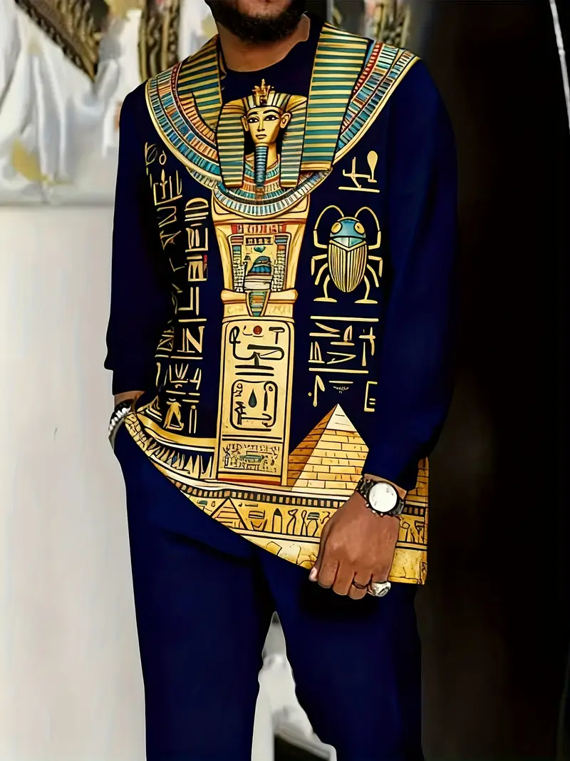 Men'S 2pcs Egyptian-Inspired Arabic Print Traditional Outfit Set - Heavyweight 2pcs Suit with Round Neck Shirt & Matching Pants, Golden Accent Cultural Clothing for Formal Events, Casual Attire & Gifts | Autumn/Winter Warmth, Comfortable Casual Fit