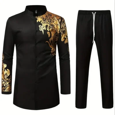 Men’S African Two-Piece Long-Sleeve Golden Print Traditional Waist-Tied Shirt And Pants Set, Ethnic Dashiki Outfit.