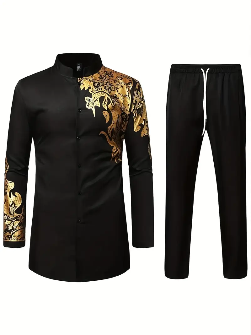 Men'S African Two-Piece Long-Sleeve Golden Print Traditional Waist-Tied Shirt And Pants Set, Ethnic Dashiki Outfit.