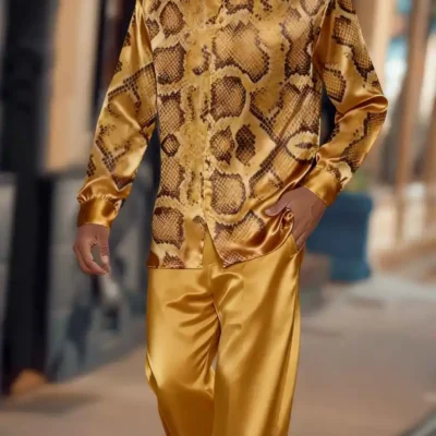 Men’S Luxury Golden Snake Print Suit Set – Elegant Long Sleeve Shirt & Matching Trousers 2pcs Formal & Casual Outfit, Soft Light -Friendly Fabric, Golden Snake Pattern in BrownGolden Tones, Structured Fit for Business, Semi-Formal Events & Casual Attire