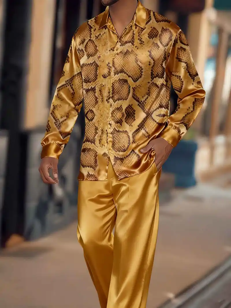 Men'S Luxury Golden Snake Print Suit Set - Elegant Long Sleeve Shirt & Matching Trousers 2pcs Formal & Casual Outfit, Soft Light -Friendly Fabric, Golden Snake Pattern in BrownGolden Tones, Structured Fit for Business, Semi-Formal Events & Casual Attire