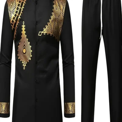 Men’s Traditional African Button-Up Long Sleeve Dashiki Shirt and Pants Set – Black with Golden Geometric Pattern, Stand Collar, Regular Fit, All-Season Wear, Perfect for Parties, Weddings, and Casual Outings, Party Attire|Geometric Pattern Shirt|Washable Fabric