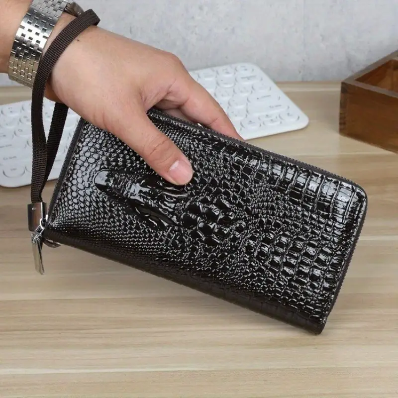 Men's Black Crocodile Texture Wallet - Large Capacity Synthetic Leather Zipper Pouch with Wrist Strap, Stylish & Durable Design for Everyday Use - Image 2