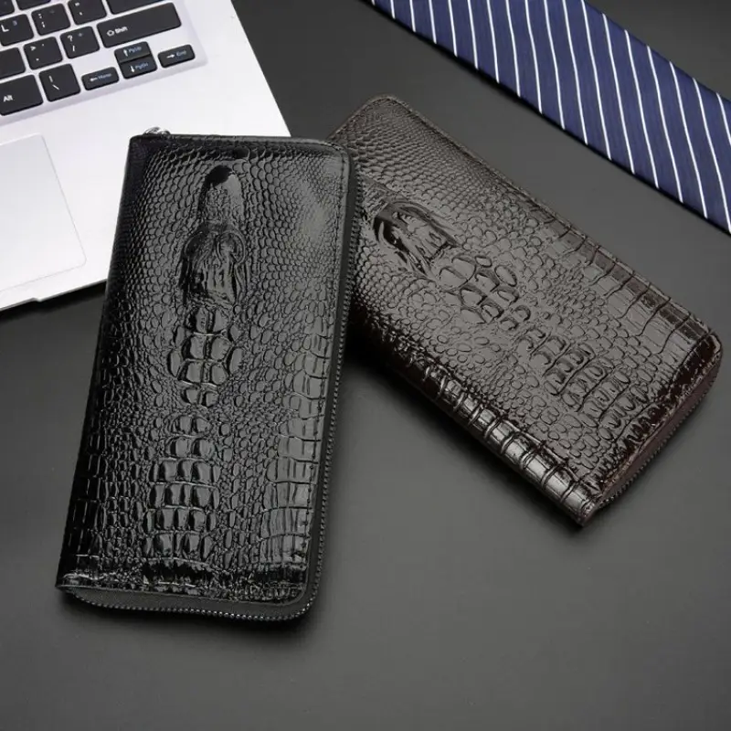 Men's Black Crocodile Texture Wallet - Large Capacity Synthetic Leather Zipper Pouch with Wrist Strap, Stylish & Durable Design for Everyday Use - Image 5