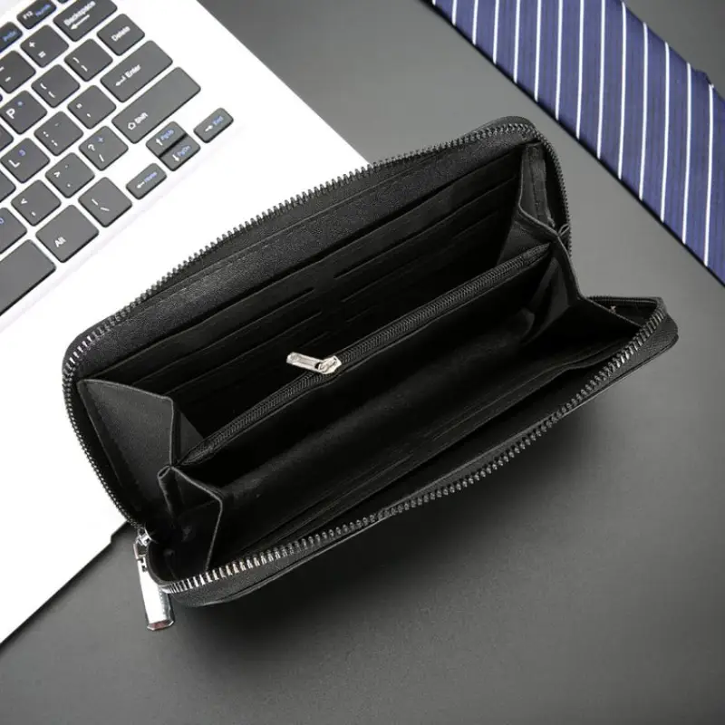 Men's Black Crocodile Texture Wallet - Large Capacity Synthetic Leather Zipper Pouch with Wrist Strap, Stylish & Durable Design for Everyday Use - Image 4