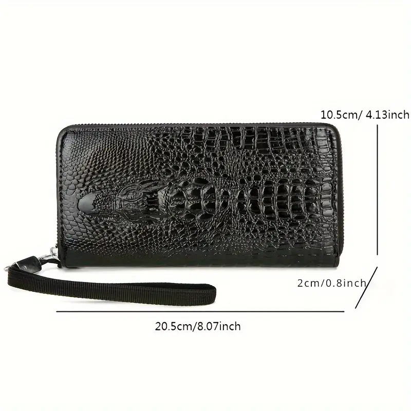 Men's Black Crocodile Texture Wallet - Large Capacity Synthetic Leather Zipper Pouch with Wrist Strap, Stylish & Durable Design for Everyday Use - Image 3
