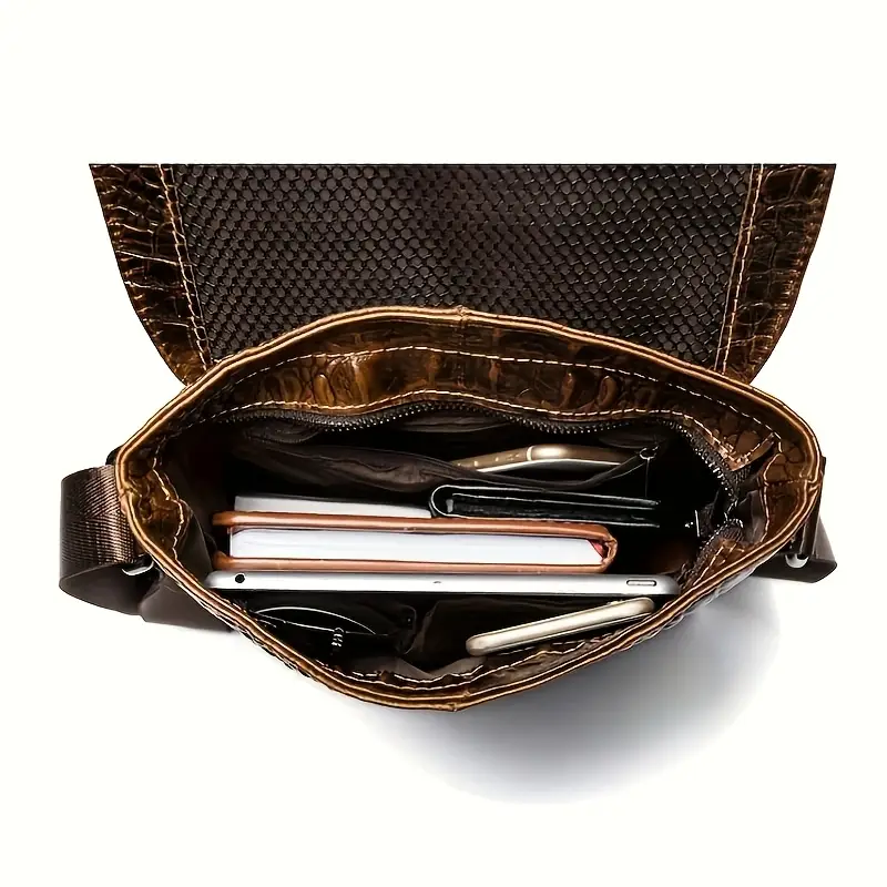 Men's Genuine Crocodile-Embossed Leather Crossbody Bag - Adjustable Strap, Multiple Compartments, Black & Coffee Brown, Casual & for Work Commute, Travel, Everyday Essentials, Crocodile Texture, Quality Craftsmanship - Image 3