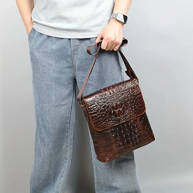 Men's Genuine Crocodile-Embossed Leather Crossbody Bag - Adjustable Strap, Multiple Compartments, Black & Coffee Brown, Casual & for Work Commute, Travel, Everyday Essentials, Crocodile Texture, Quality Craftsmanship - Image 2
