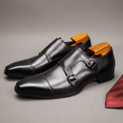 Men’s Solid Color Split Cowhide Upper Monk Shoes With Double Buckle Straps, Comfy Non Slip Durable Rubber Sole Walking Shoes, Men’s Footwear