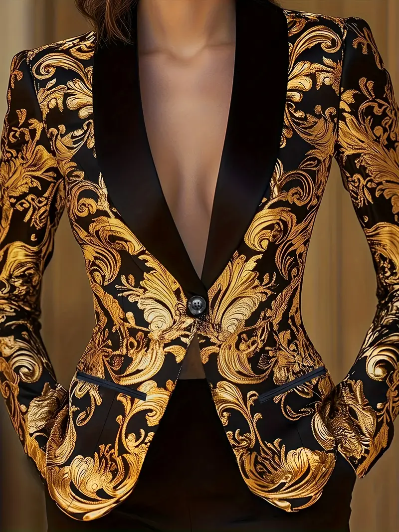 Plus Size, Green Fruit Collar Single-Breasted Plant Print Black and Golden Contrast Long Sleeve Blazer - Image 4