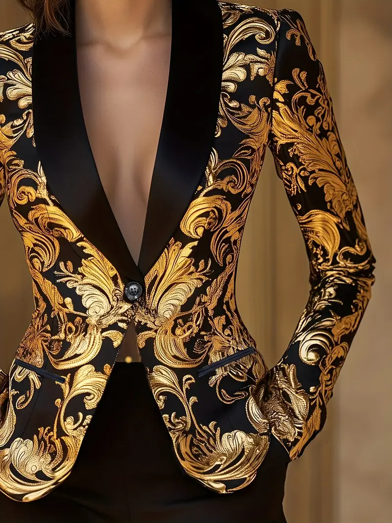 Plus Size, Green Fruit Collar Single-Breasted Plant Print Black and Golden Contrast Long Sleeve Blazer - Image 3