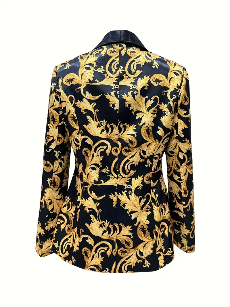 Plus Size, Green Fruit Collar Single-Breasted Plant Print Black and Golden Contrast Long Sleeve Blazer - Image 2