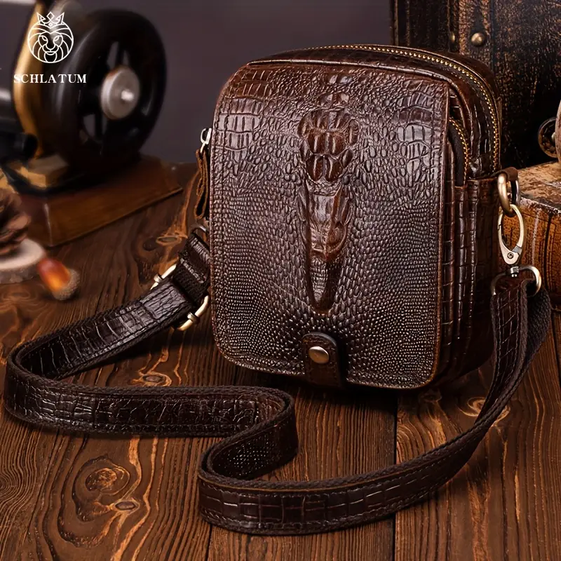 SCHLATUM Genuine Leather Crossbody Bag with Adjustable Strap - Crocodile-Textured Design, Top Layer Cowhide, Multiple Zipper Compartments & Metal Clasp Closure for Travel, Phone, Essentials (Brown/Black)