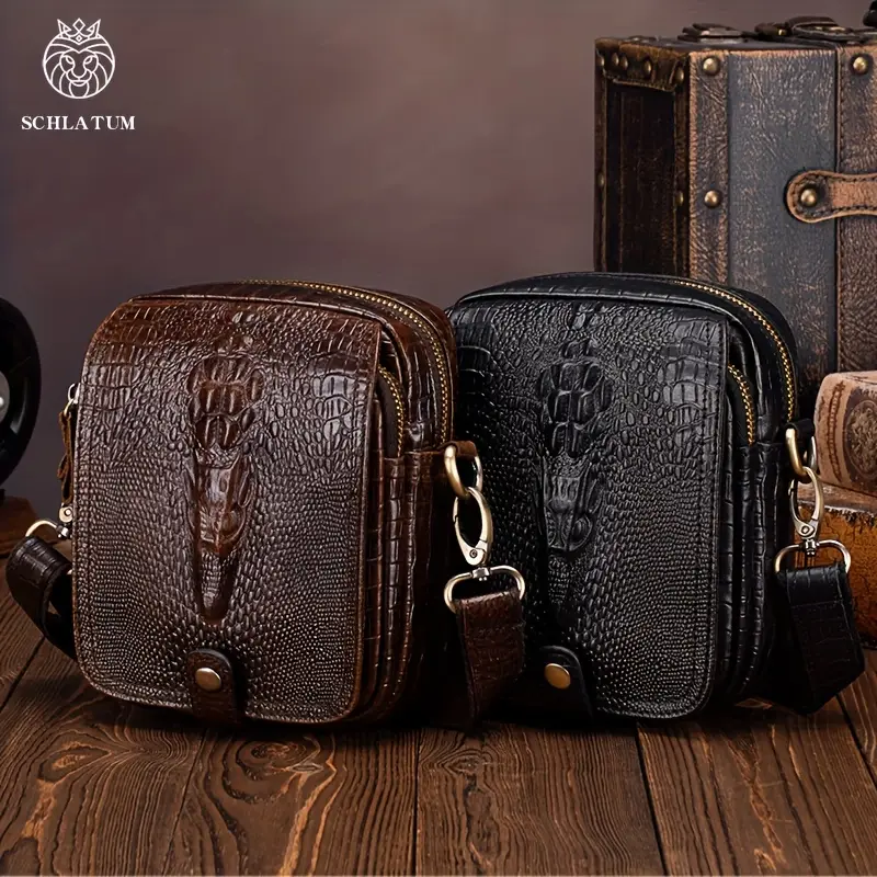 SCHLATUM Genuine Leather Crossbody Bag with Adjustable Strap - Crocodile-Textured Design, Top Layer Cowhide, Multiple Zipper Compartments & Metal Clasp Closure for Travel, Phone, Essentials (Brown/Black) - Image 5