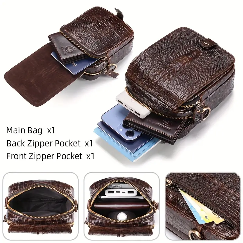 SCHLATUM Genuine Leather Crossbody Bag with Adjustable Strap - Crocodile-Textured Design, Top Layer Cowhide, Multiple Zipper Compartments & Metal Clasp Closure for Travel, Phone, Essentials (Brown/Black) - Image 4